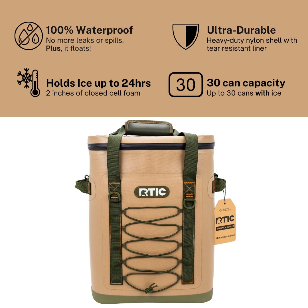 RTIC 36 Can Backpack Cooler, Leakproof Ice Chest Cooler with Waterproof Zipper, Tan