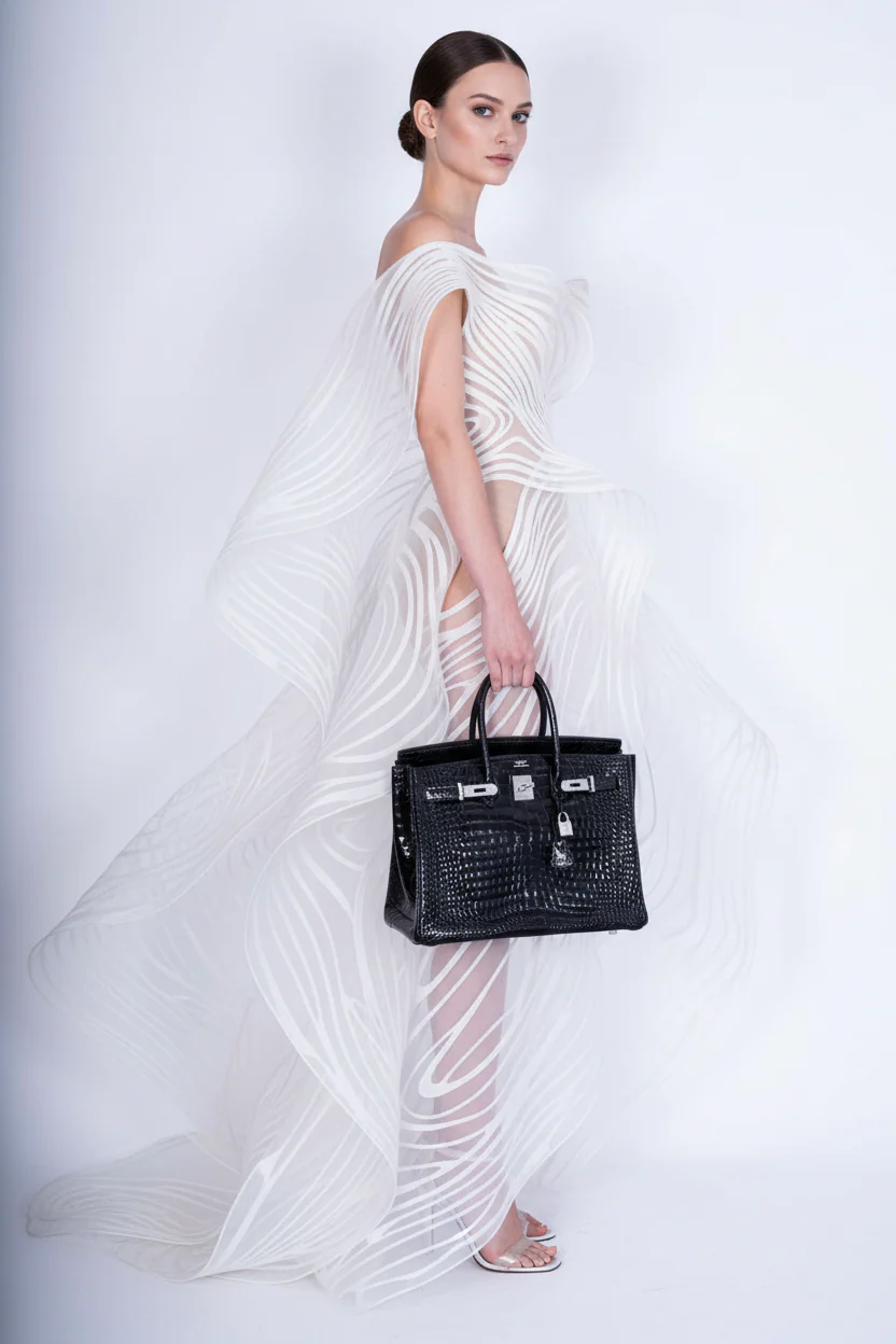 Hermès Birkin 35 Noir Shiny Porosus Crocodile 18K White Gold & Diamond Hardware