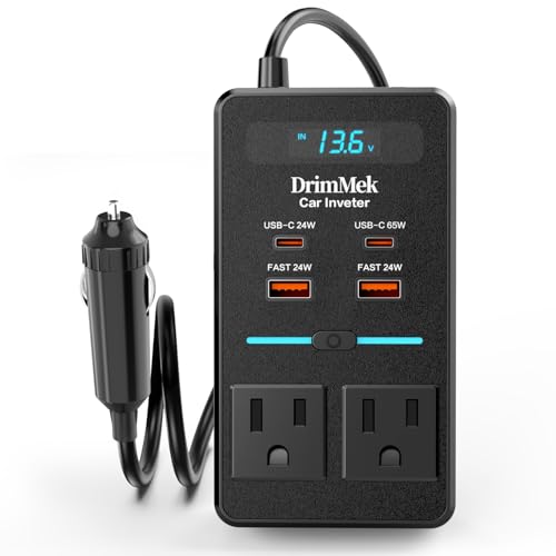 Car Power Inverter, DC 12V to 110V AC Car Plug Adapter with LCD Display, 65W USB-C Fast Charging, 24W USB-C & 3.0 USB-A Ports, Portable Car Charger with Switch Control Converter for Laptops, Phones