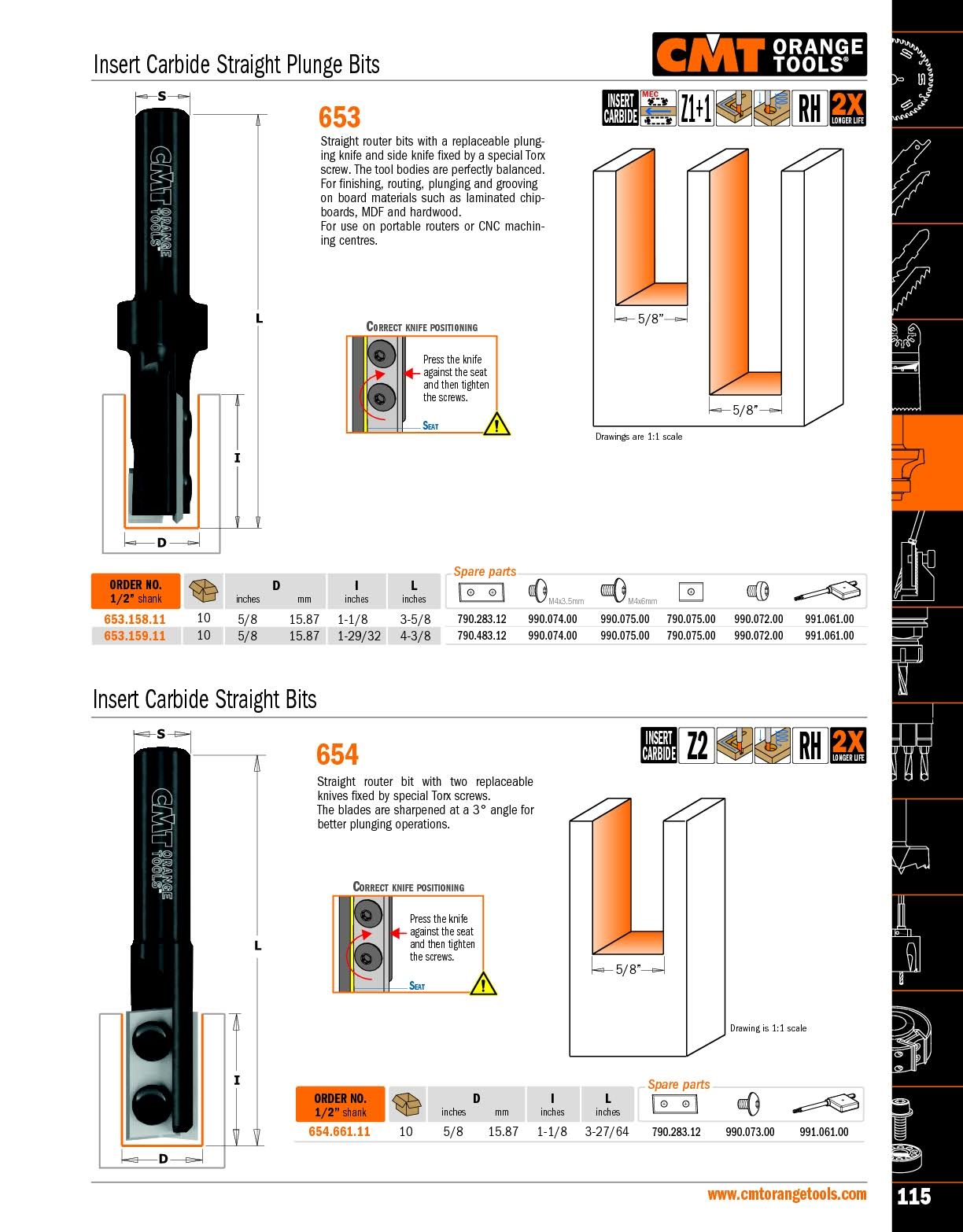 CMT 653.158.11, 1-1/8x22 Straight Router Bits with Insert Knives