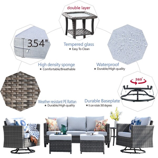 OVIOS 6piece Wicker Sectional Sofa Swivel Rocking Chair Set