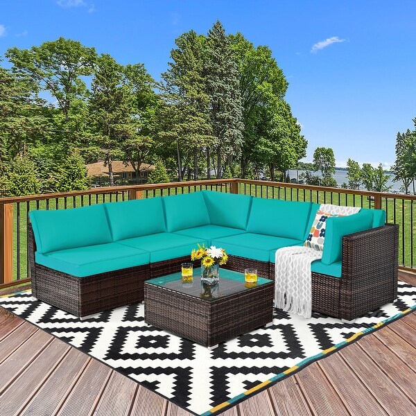 Costway 6PCS Patio Rattan Furniture Set Cushioned Sofa Coffee Table