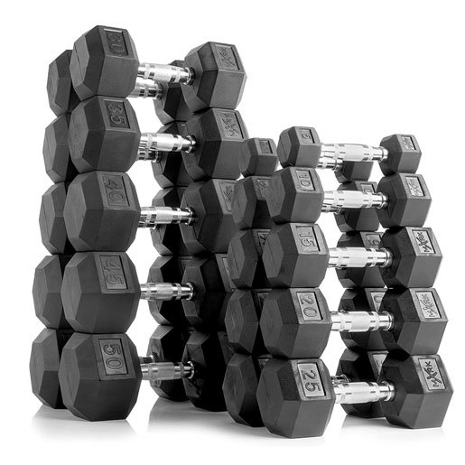 Better Body Rubber Hex Dumbbell Set + Weight Rack | 5-50lbs