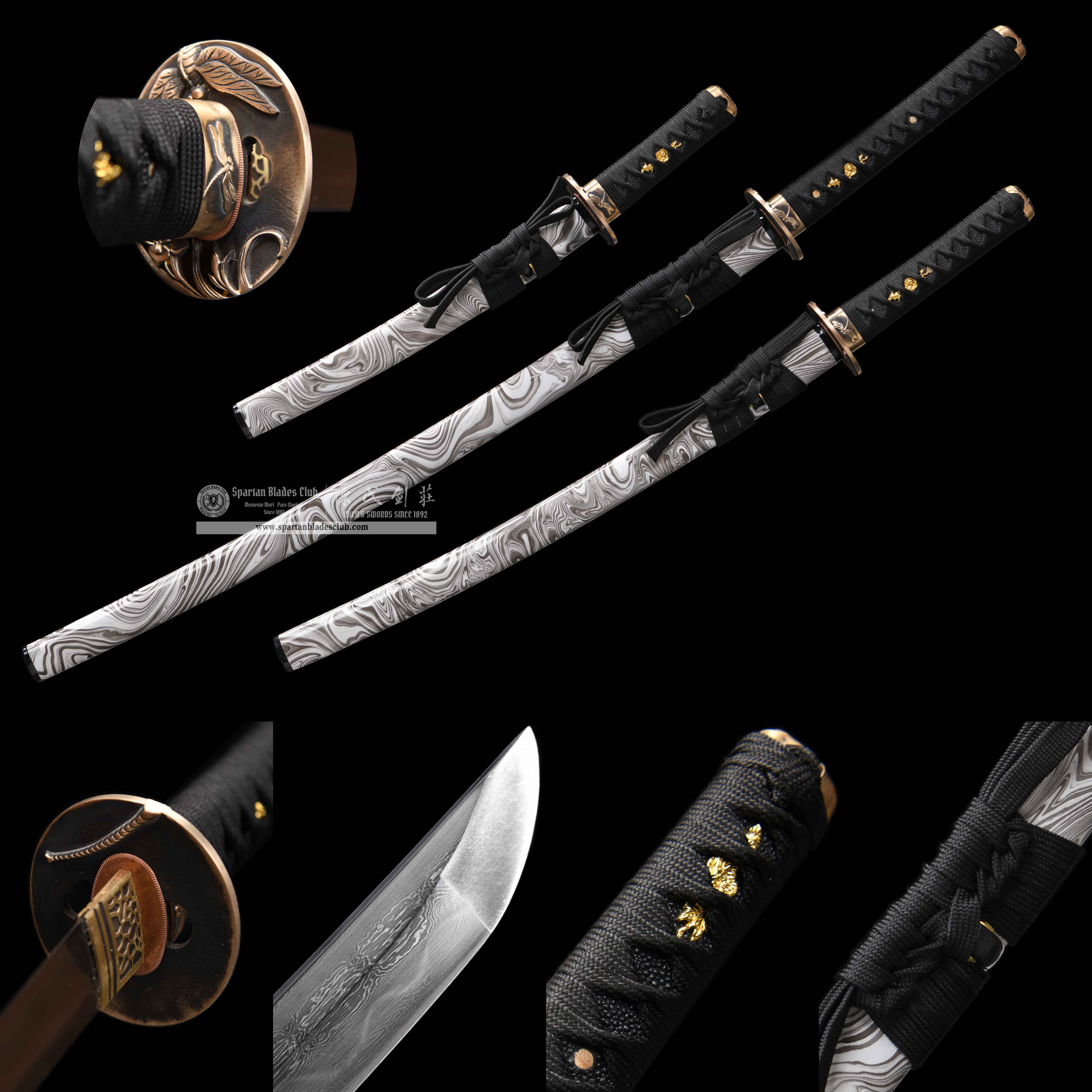 HY157 | QingBo Samurai | Daisho set | Katana | Wakizashi | Tanto | Damascus steel | clay-tempered | real hamon | Dragonfly | Battle-Ready | Full-tang | Spartan Blades Club | CHEN'S SWORDS 1892 - Spartan Blades Club - 陳氏劍莊1892
