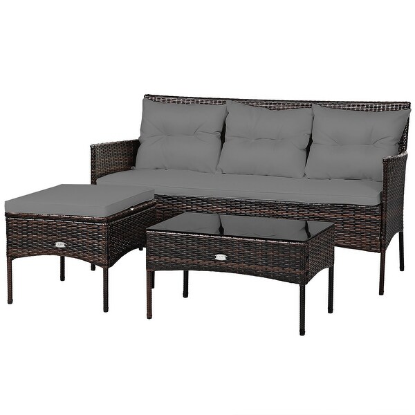 Costway 3PCS Patio Rattan Furniture Set 3Seat Sofa Cushioned Table