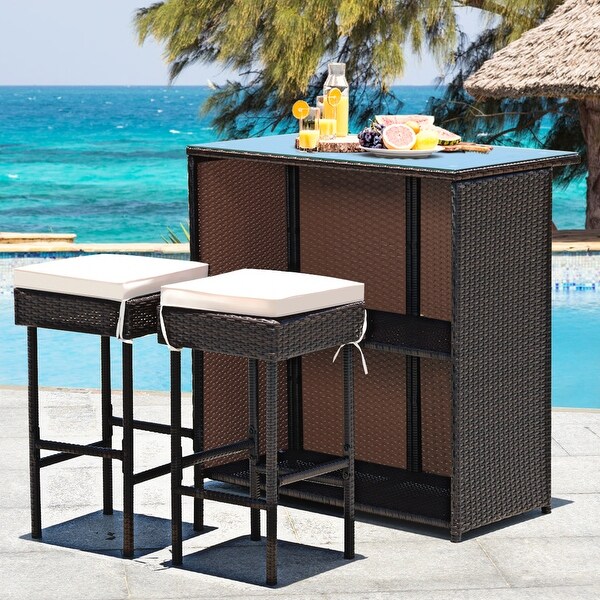 Outdoor 3PCS Patio Wicker Rattan Bar Set Table w/2 Cushioned Stools