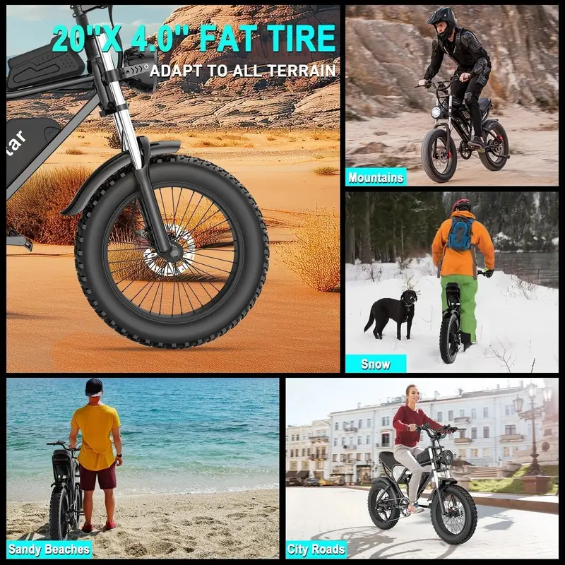 Ridstar 1200W Adult Electric Fat Tire Mountain Bike – 48V 15.6Ah Battery, 20″ Tires, 7-Speed Full Suspension, 48 km/h Top Speed