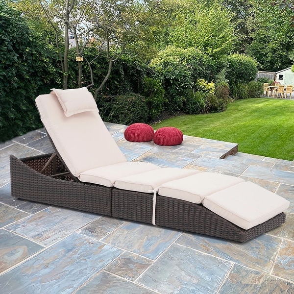 Patio Wicker Chaise Lounge Recliner Foldable Chair,w/ 5 Adjustable Back Positions and Cushion