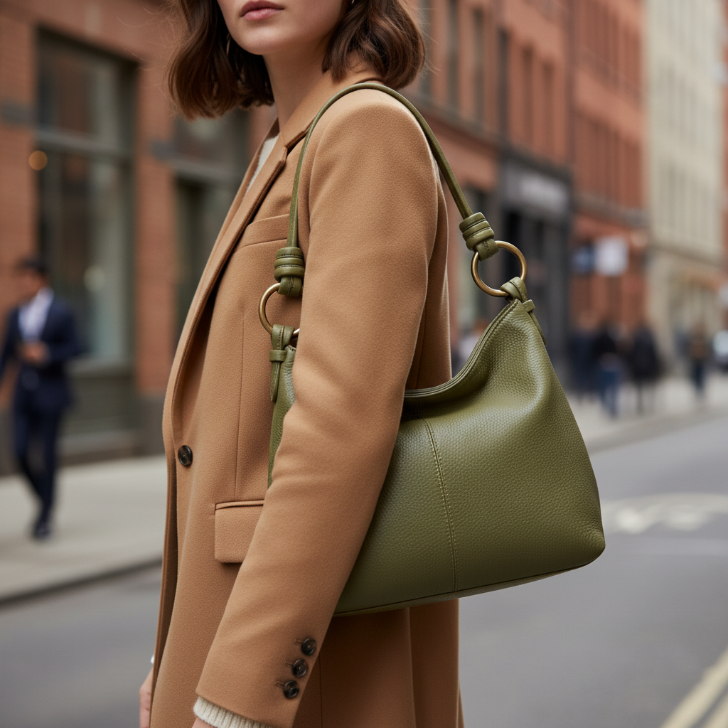 Olive Green Pebbled Leather Shoulder Bag