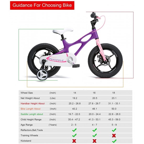 Kids Bike Boys Girls Space Shuttle 14 16 18 Inch Magnesium Disc Brakes Training Wheels Kickstand Black White Purple 3-9 Years Bicycle