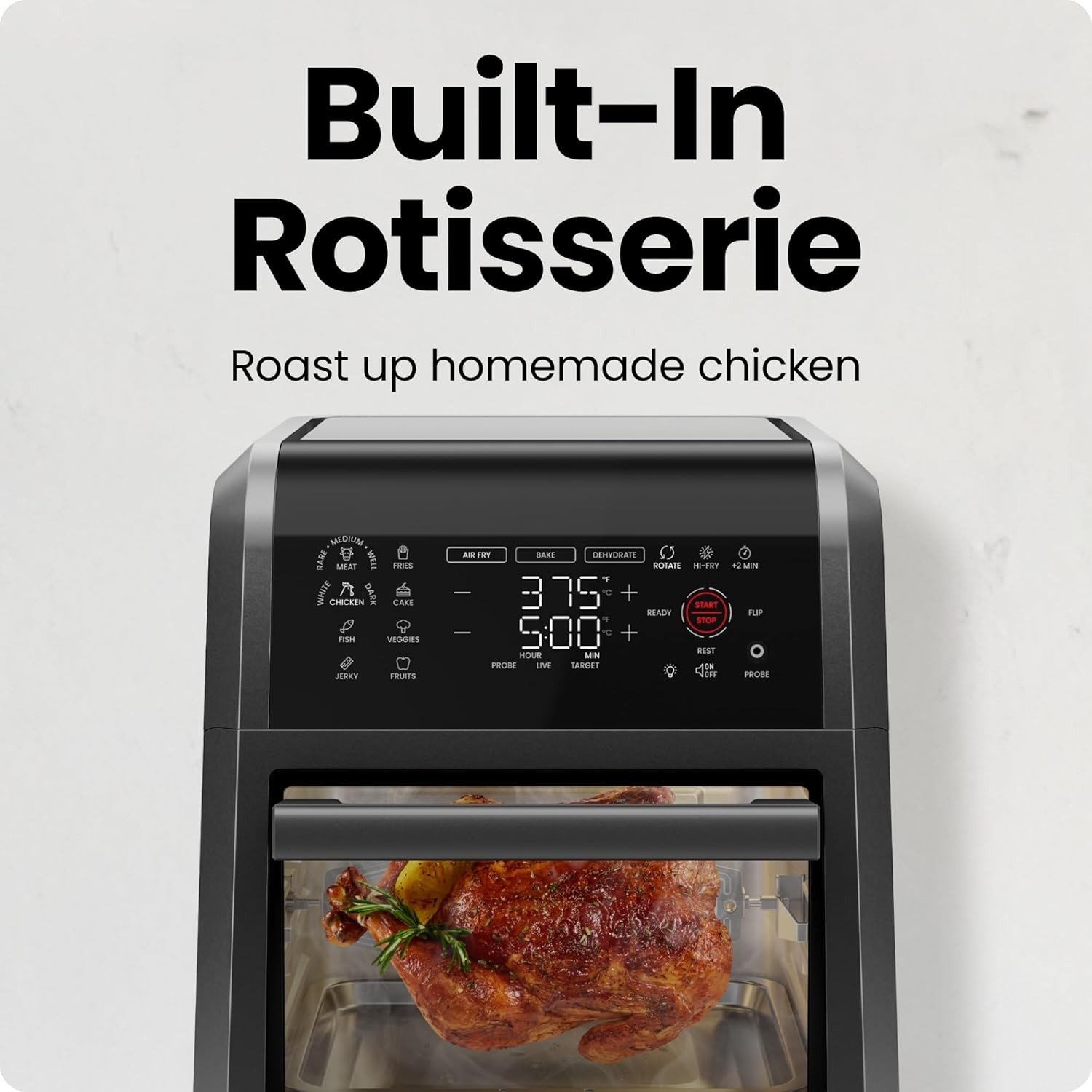 12QT 6-in-1 Electric Air Fryer, Integrated Smart Thermometer, 28 Touch Presets, Rotisserie, Convection Oven, Black