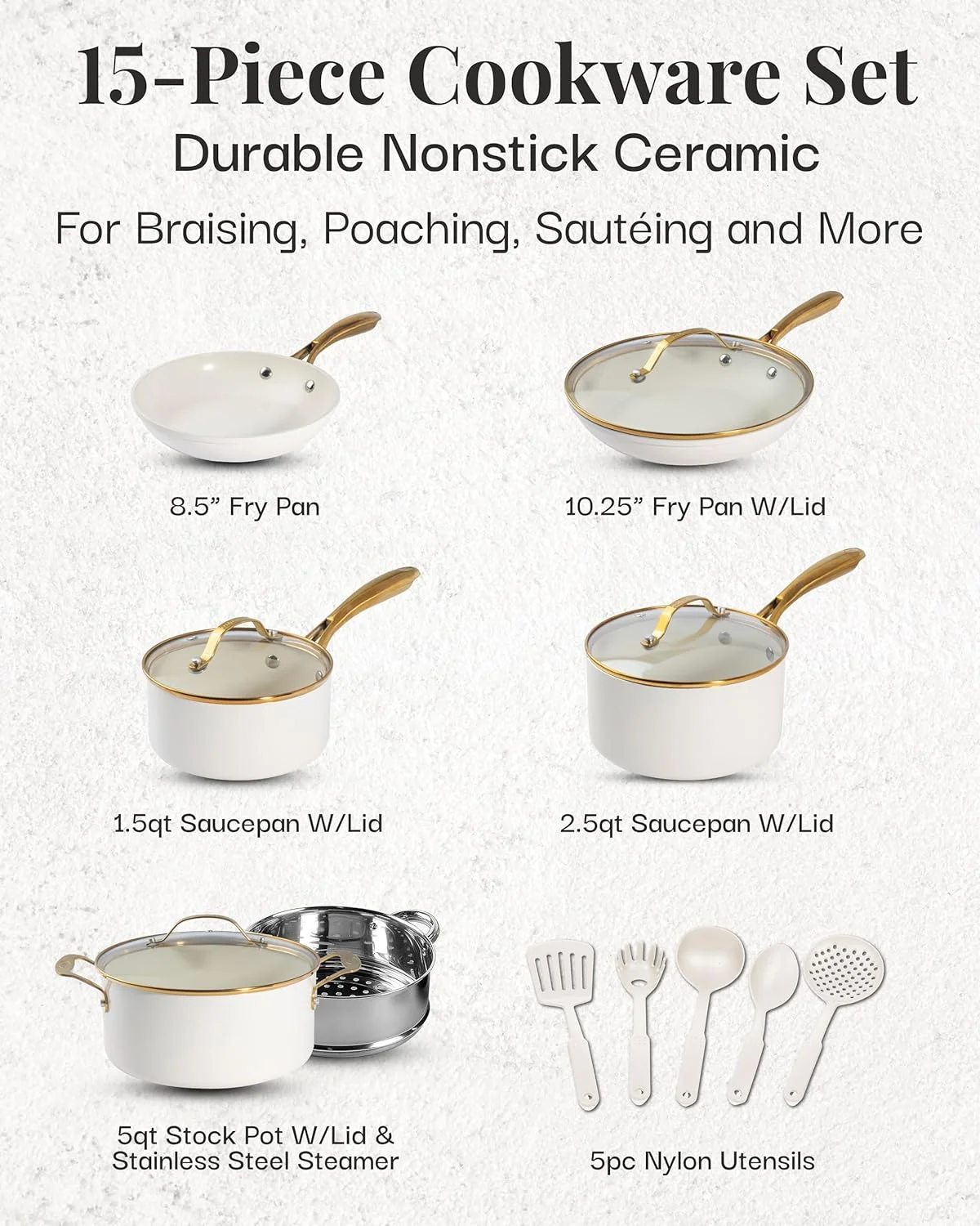 Gotham Steel 15 Pc Pots and Pans Set Non Stick Cookware Set, Pot and Pan Set, Kitchen Cookware Sets, Ceramic Cookware Set, Nonstick Cookware Set, Pot Set, Dishwasher Safe, Non Toxic, Cream White