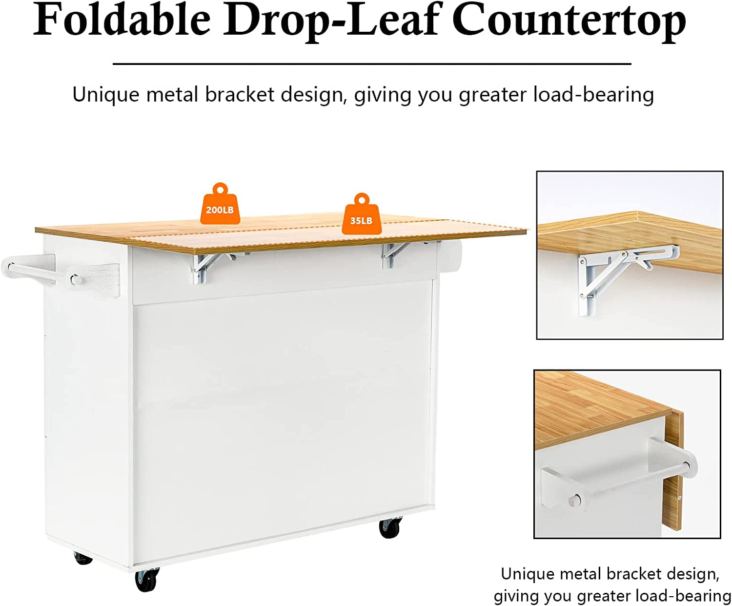 Catrimown Kitchen Island  Cart with Storage, Drop Leaf Kitchen Island on Wheels, Wood Countertop, Lockable Casters, White