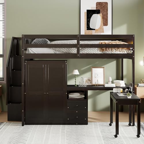 Harper & Bright Designs Twin Size Loft Bed with Stairs and Bookshelf, Wood Twin Storage Bed with Desk & Wardrobe, Space-Saving Multifunctional Furniture for Kids & Teens - Gray