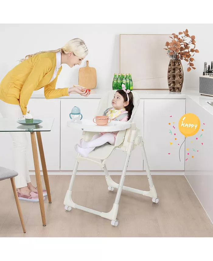 Costway Foldable Baby Highchair with 360degrees Rotating Wheels and Height Adjustment