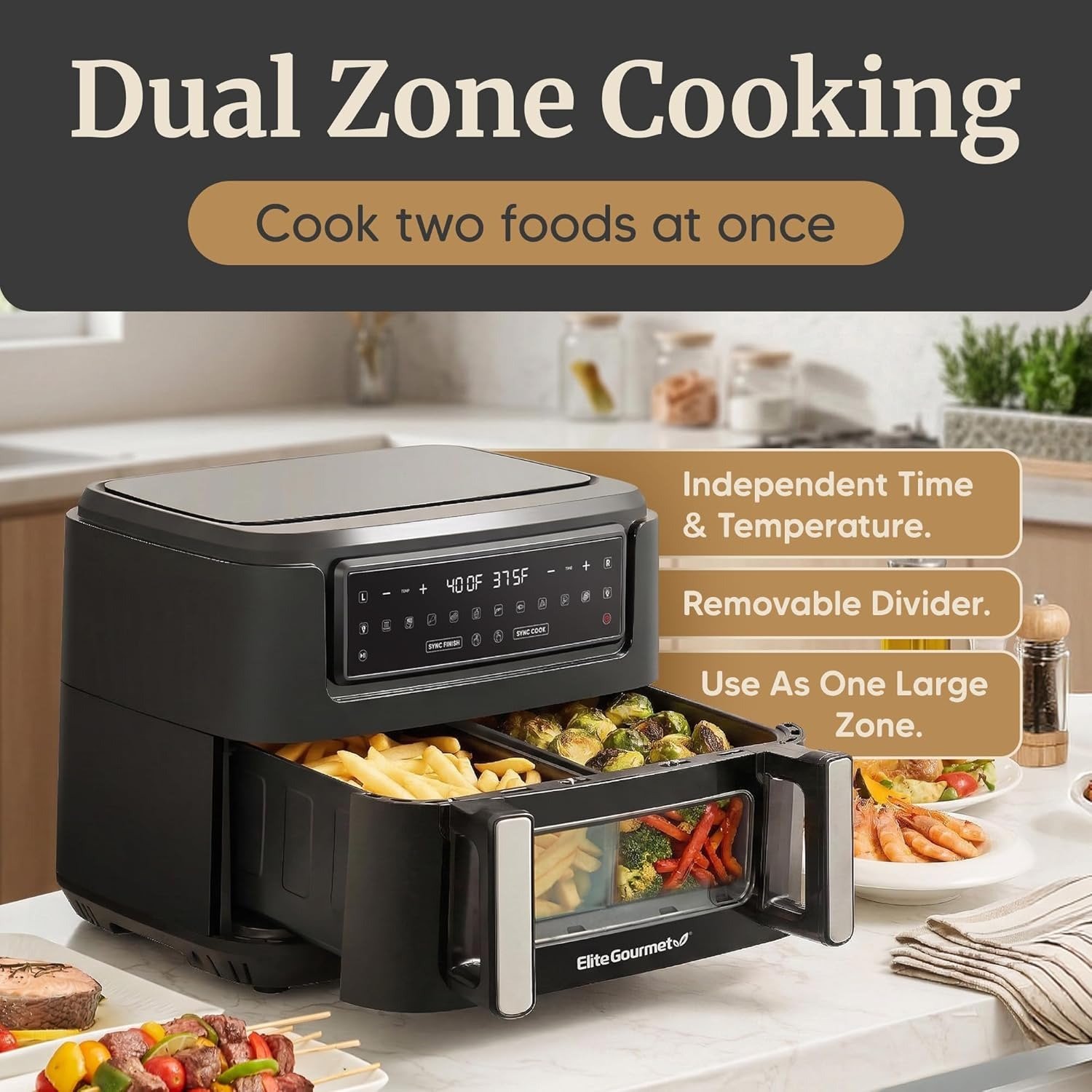 Dual Independent Zone Air Fryer, Dishwasher Safe, Multi-Functional Cooking, Compact Design