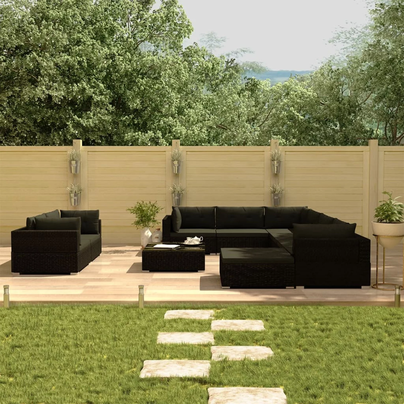 moobody 10 Piece Garden Conversation Set Cushioned 5 Corner Sofa and 3 Center Sofas with Ottoman, Tea Table Black Poly Rattan Sectional Outdoor Furniture Set for Patio, Backyard, Patio, Balcony