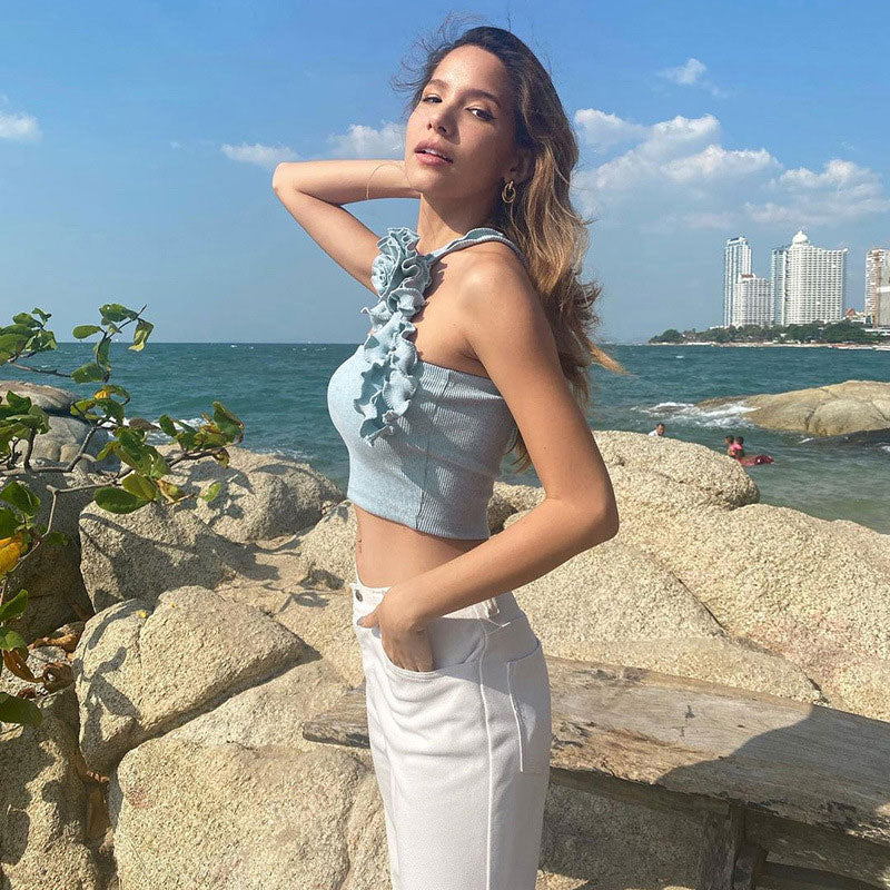 Ribbed Sweetheart Crop Top with 3D Floral DetailClistos