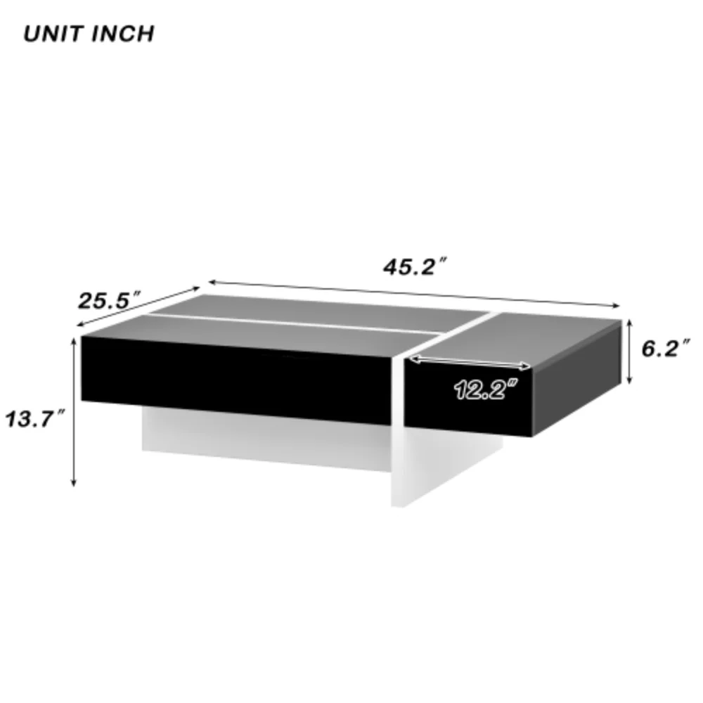 Contemporary Rectangle Design Living Room Furniture, Modern High Gloss Surface Cocktail Table, Center Table for Sofa or Upholstered Chairs，45.2*25.5*13.7in, Black