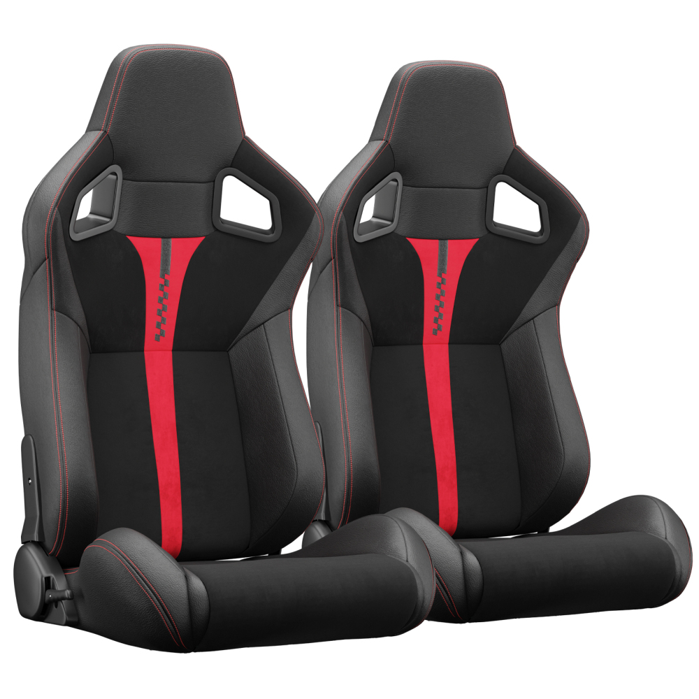 Zateety 2PC New Universal Bucket Racing Seats Red Stitch Red PVC Leather Reclinable Carbon Look Leather Back With Adjustor Slider(Not Including Seat Bracket ) 1 box of 2 pieces