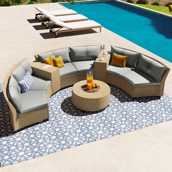 Patio Furniture Sets for 6,FanShaped All Weather Outdoor HDPE Rattan Sofa with Cushions and Table,Suitable for Garden,9Piece
