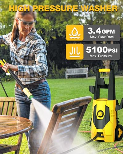 AgiiMan Pressure Washer - 5100PSI Max 3.4GPM Power Washer with 35FT Power Cord, 20FT Hose, Soap Tank, High Pressure Washer Electric Powerd Car Cleaning for Garden, Patios, Yard, Yellow