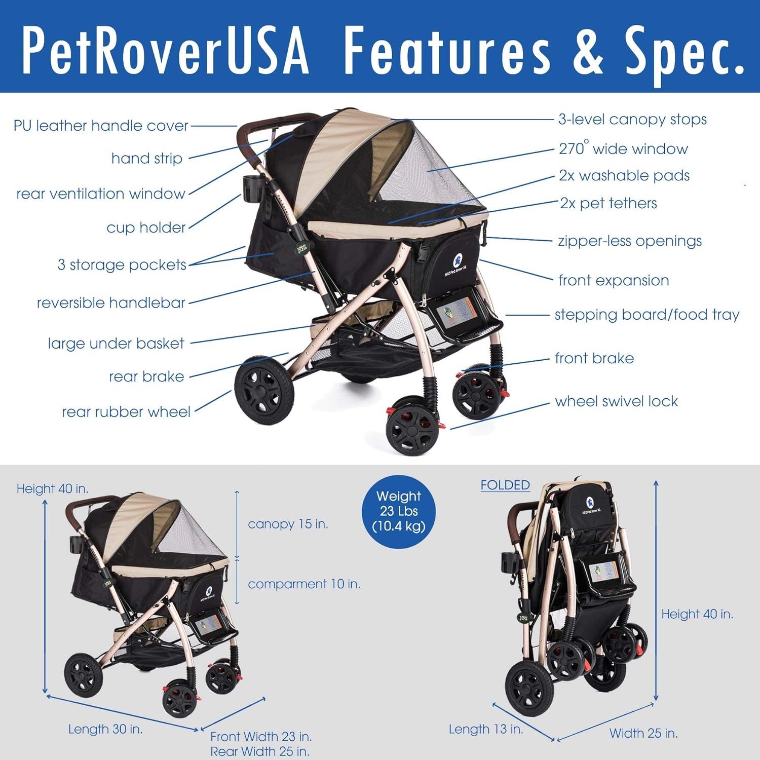 Pet Rover Premium Heavy Duty DogCat Stroller Travel Carriage CompartmentZipperless EntryPump-Free Rubber Tires Small, Medium, Large Pets (Black 2nd-Gen.), X-Large (Pack of 1)