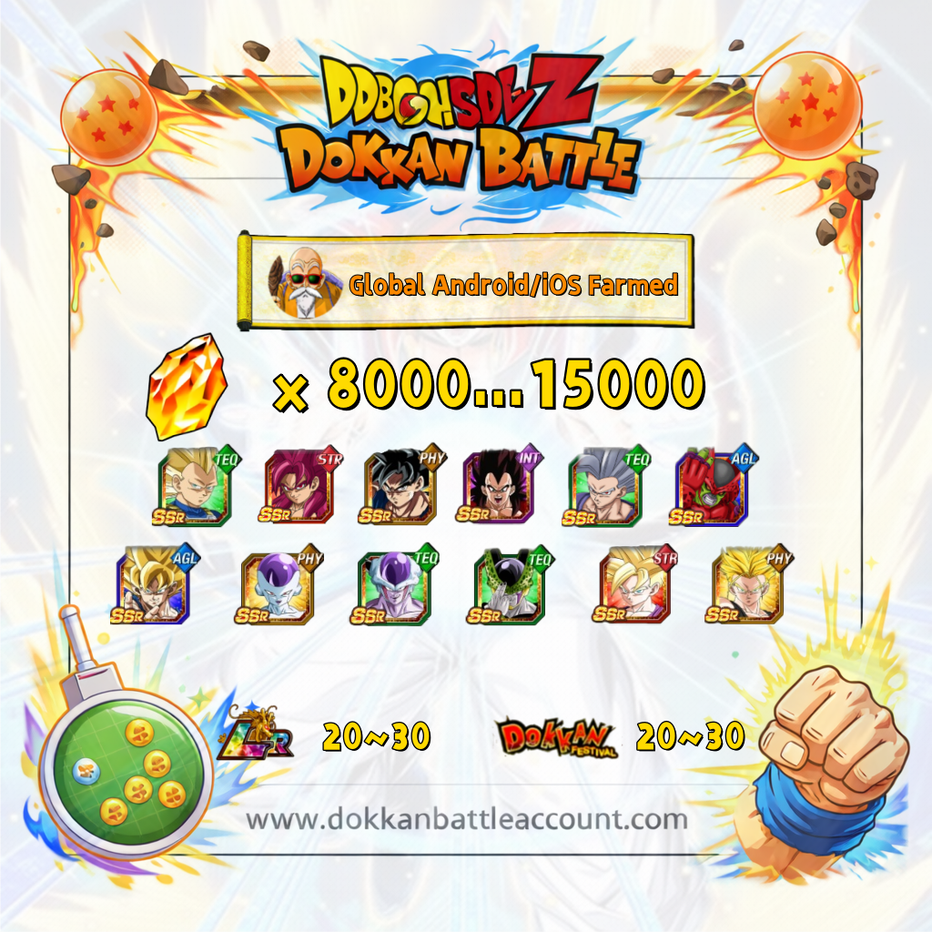 [Global] Dokkan Battle Farmed Account 13000 DS with 11th anniversary 4 cards WWDC 6 cards and beast gohan Cell Max for Android and IOS