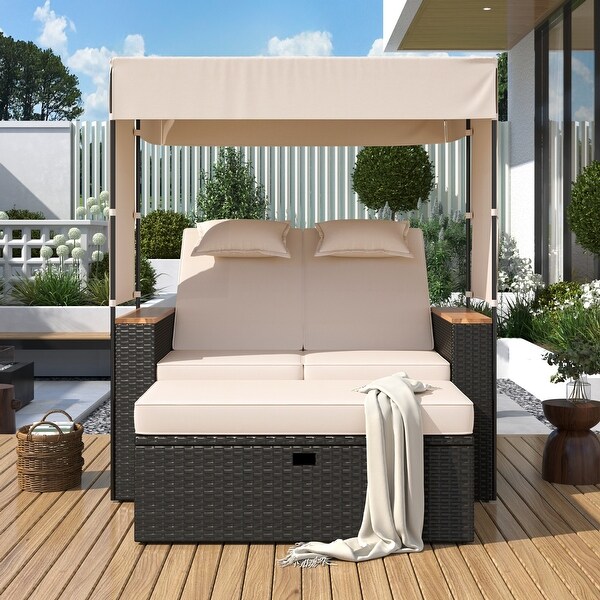 2Piece Rattan Outdoor Patio Bench Lounge Roof Set,Effective UV Protection Fabric and Waterproof Cushions and Adjustable Backrest