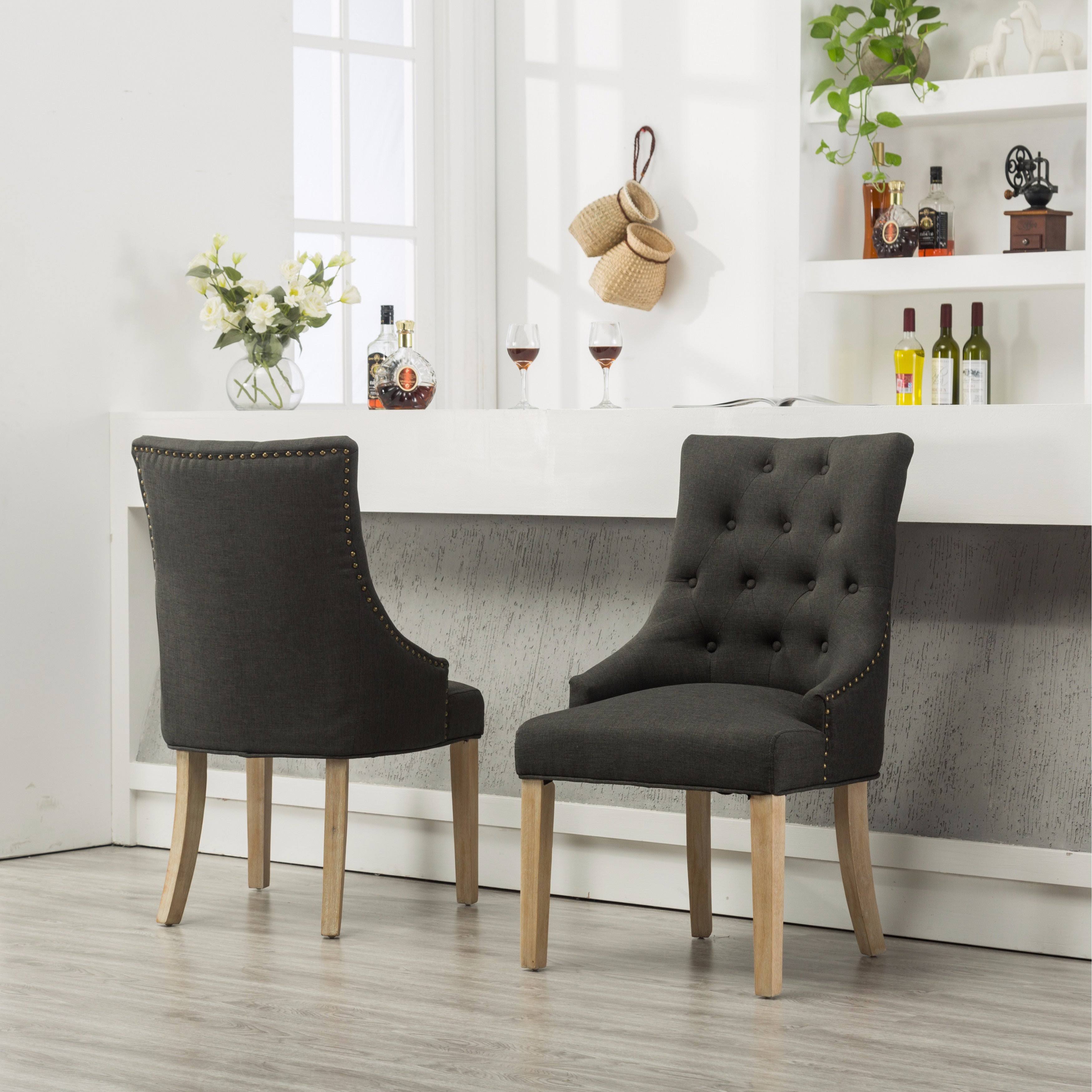 Roundhill Furniture Button Tufted Solid Wood Wingback Hostess Chairs with Nail Heads, Set of 2, Charcoal