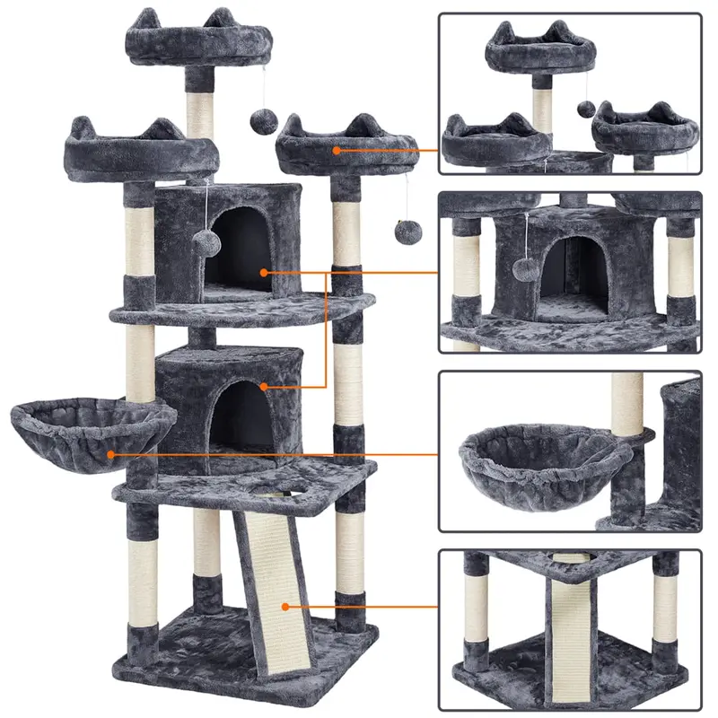 Topeakmart 69” Large Cat Tree Tower with 2 Condos and Scratching Post, Dark Gray
