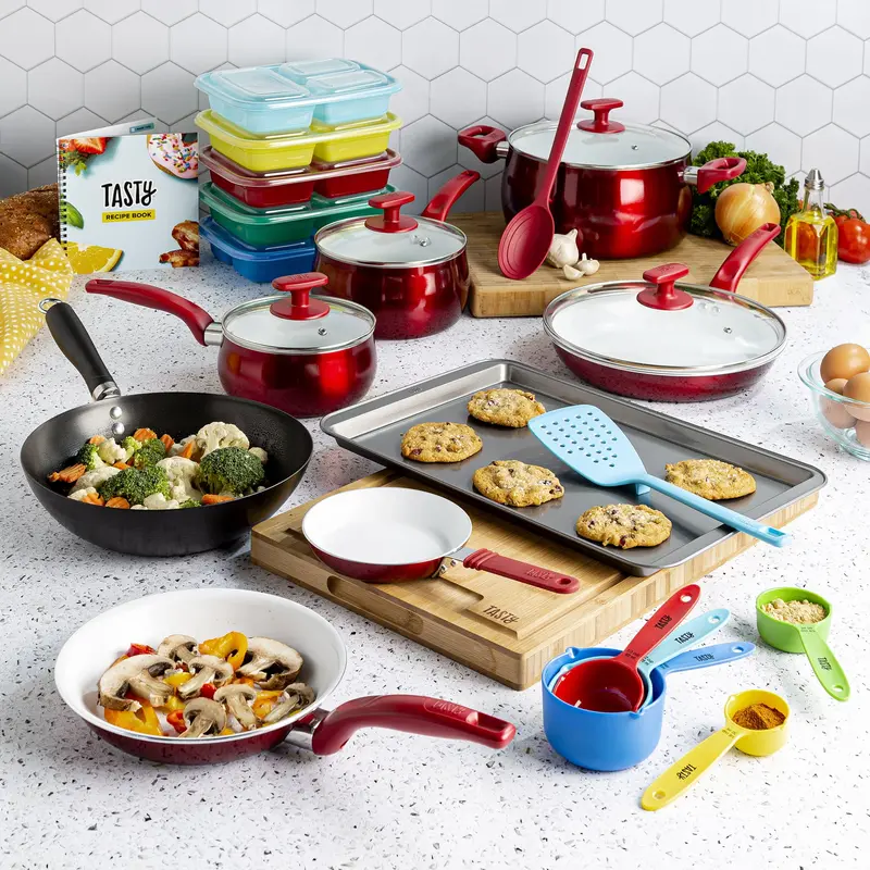 Tasty 24 Piece Titanium Ceramic Non-Stick Cookware Set, Dishwasher Safe, Red