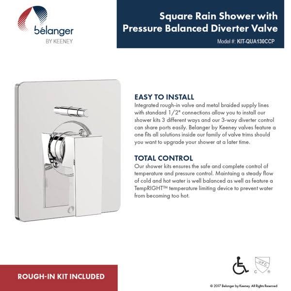 Belanger KIT-QUA130CCP Rain Pressure Balanced Square Shower System, Polished Chrome