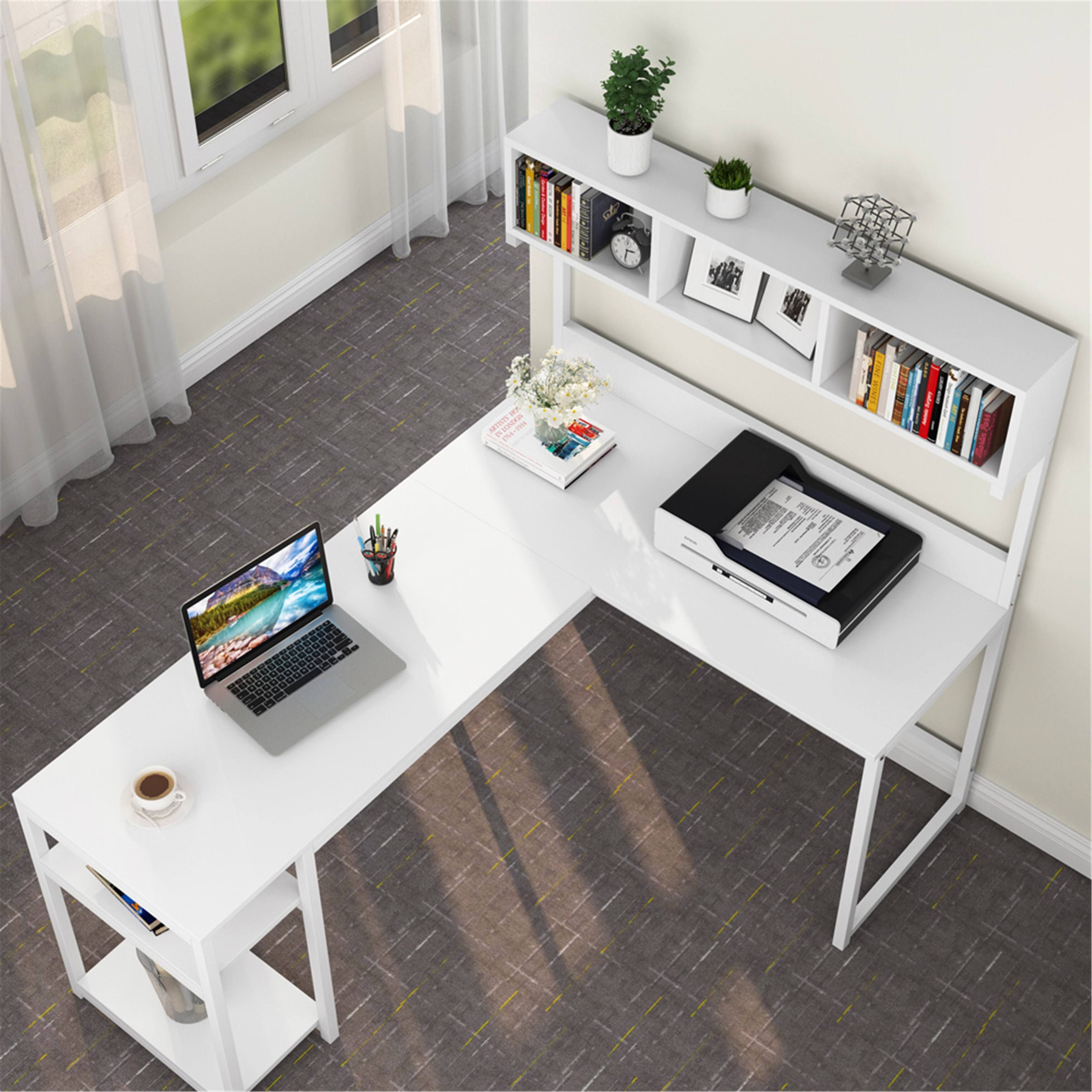 LShaped Computer Desk with Hutch Shelves, Writing Desk - Brown