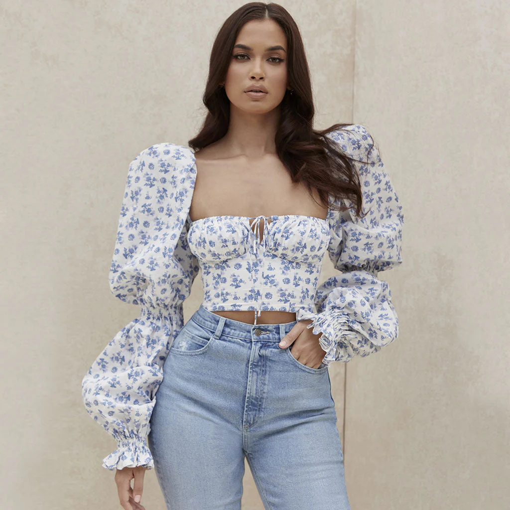 Puff Sleeve Floral Tie Front Crop TopClistos