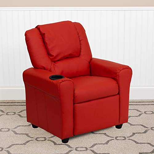 EMMA + OLIVER Beige Vinyl Kids Recliner with Cup Holder and Headrest