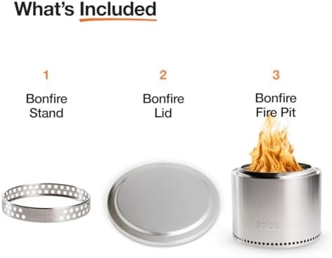 Bonfire Essential Bundle | Smokeless Fire Pit with Stand & Lid, Ideal for 4–6 People | Portable Wood Burning, Removable Ash Pan, Stainless Steel, 16.75′′ H x 19.5′′ Dia, 21.75lbs