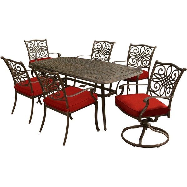Cambridge Seasons 7Piece Dining Set in Red with 2 Swivel Rockers,4 Dining Chairs,and a 72In. x 38In. Casttop Table