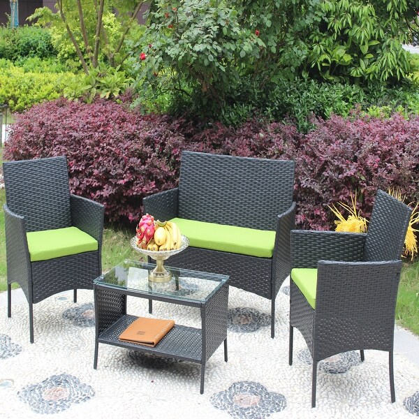 Green Comfortable 4 Pieces Rattan Patio Furniture Set with Water and UV Resistance