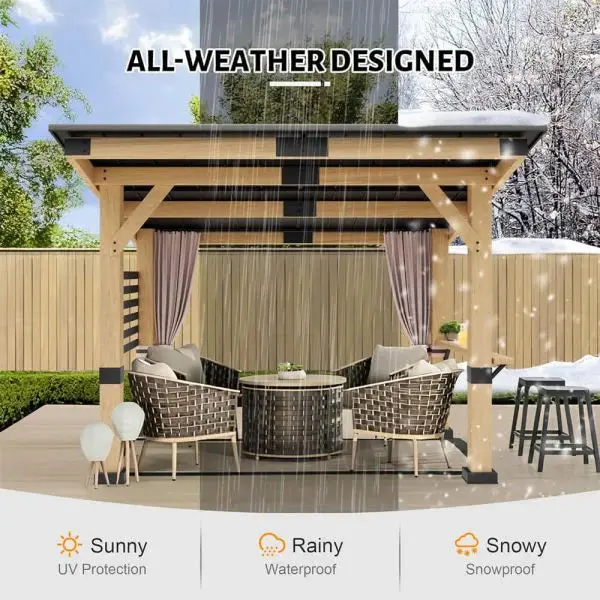 Premium Cedar Hardtop Gazebo – 10×12 FT All-Season Outdoor Structure with Metal Roof & Back Curtains (Model SAK57184)