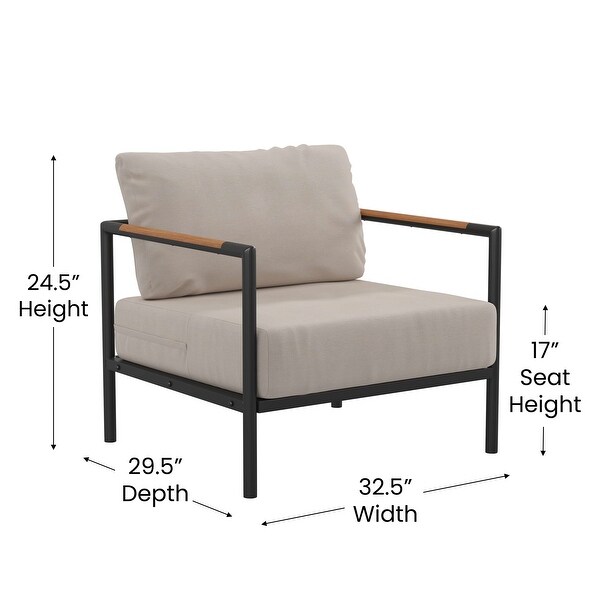 Aluminum Frame Patio Chair with Teak Arm Accents and Plush Cushions