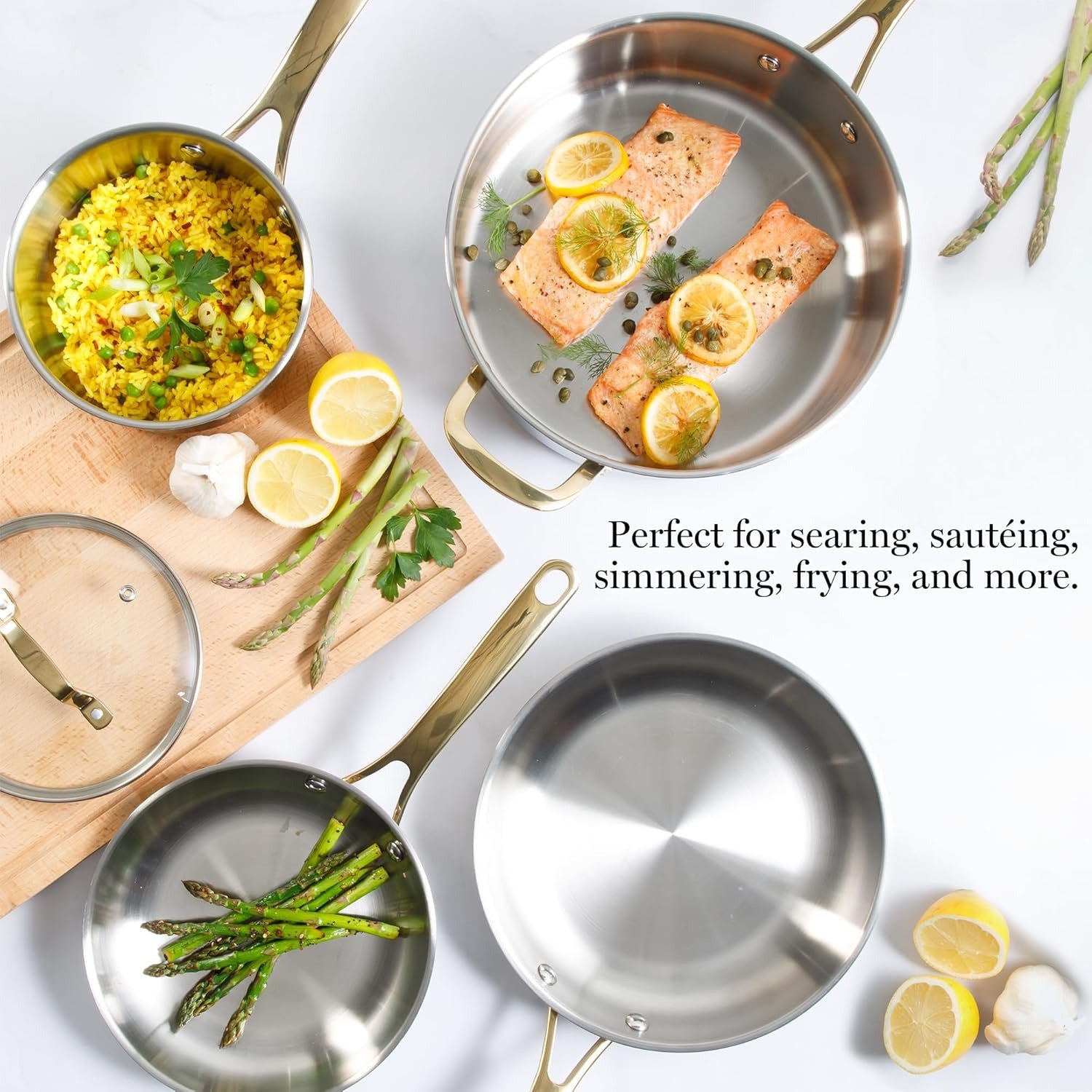 10-Piece Stainless Steel Cookware Set Induction Safe Gold Handle Brushed Finish