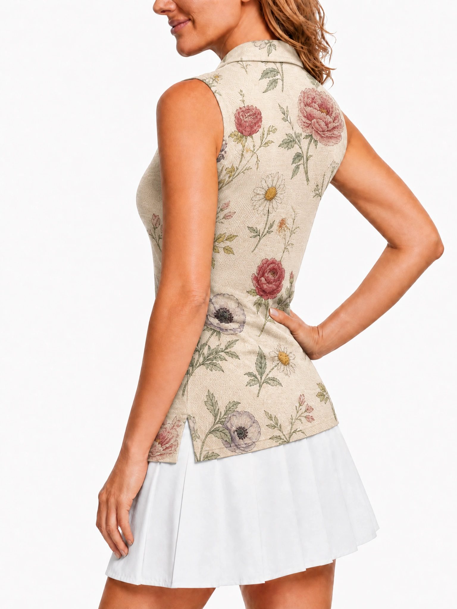 Women Sleeveless Quick Dry Golf Polo Shirt, Vintage Rose Daisy Floral Print