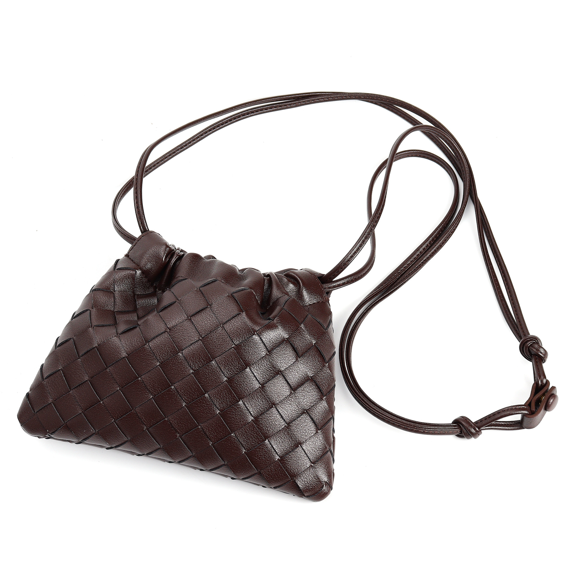 Dark Brown Woven Leather Drawstring Crossbody Pouch