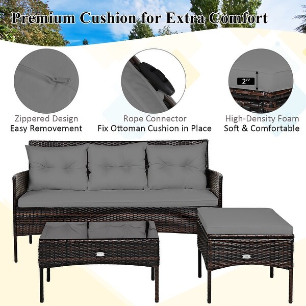 Costway 3PCS Patio Rattan Furniture Set 3Seat Sofa Cushioned Table