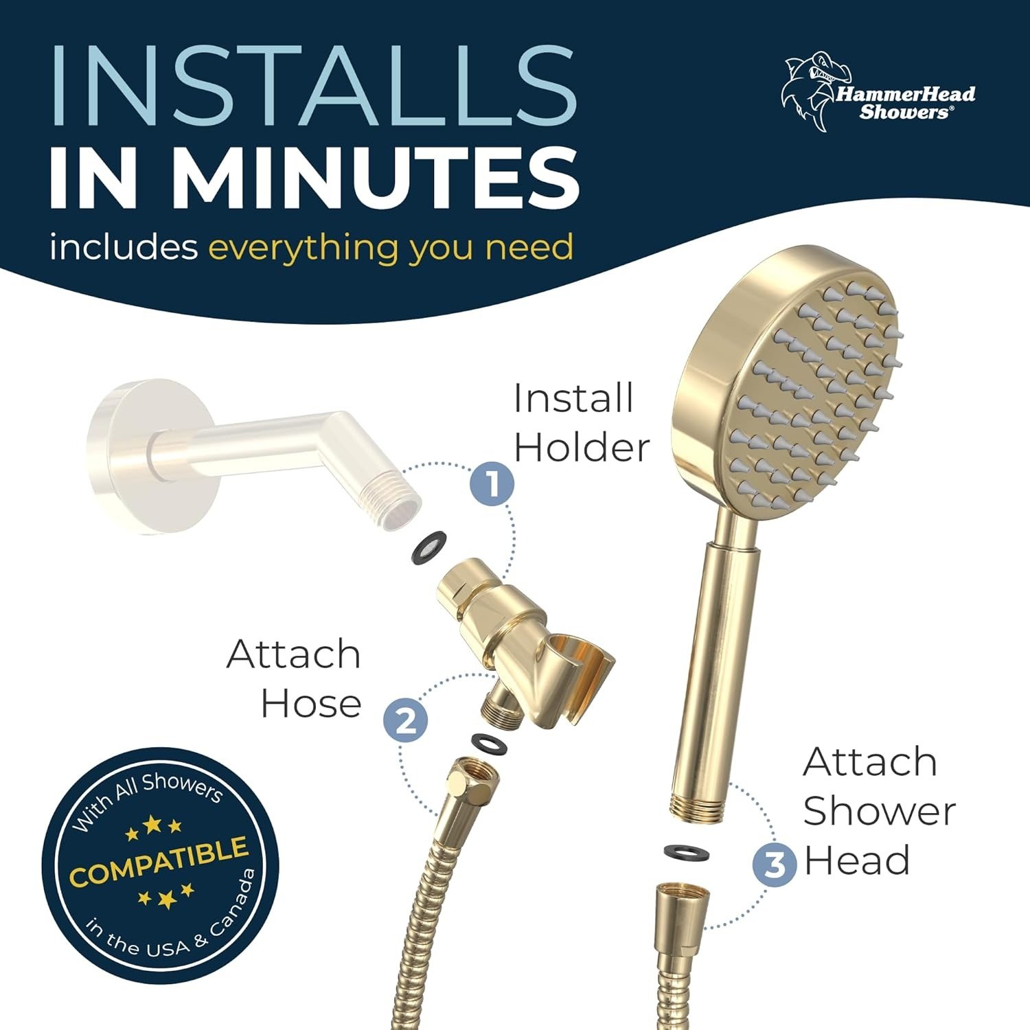 High-Pressure Handheld Shower Head with Solid Brass Holder, Polished Brass 2.5 GPM