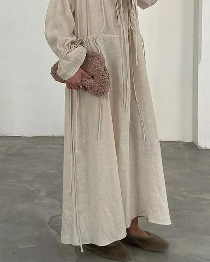 Linen Drawstring V-Neck Maxi DressClistos