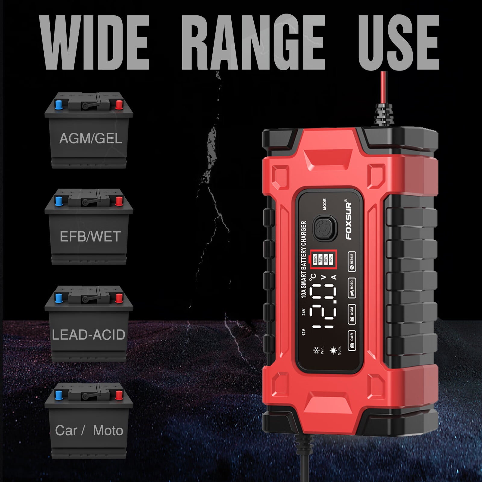 FASLMH Battery Charger 10 Amp 12V and 24V Smart Automatic Car Battery Charger with LCD Screen Pulse Repair Charger Pack Battery Maintainer for Car, Lawn Mower, Motorcycle, Boat, SUV and More