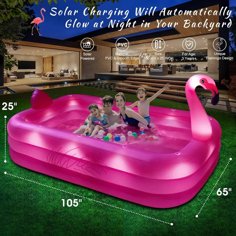 Solar-Powered Flamingo Inflatable Pool – 105″ x 65″ x 25″ LED-Lit, Thickened Kiddie & Adult Backyard Splash Pool