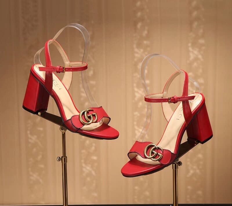 Gucci Leather Mid Heel Sandal Red